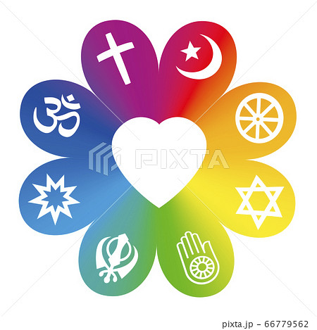 World religions. Symbols on a rainbow colored flower with a heart in center as a symbol for religious unity or commonness - Christianity, Islam, Buddhism, Hinduism, Judaism, Jainism, Sikhism, Bahai. 66779562