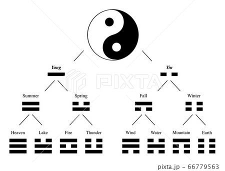 Trigrams and Yin Yang. Development and combination chart with names of spiritual meanings - table of symbols from Bagua of I Ching. Vector on white background. 66779563
