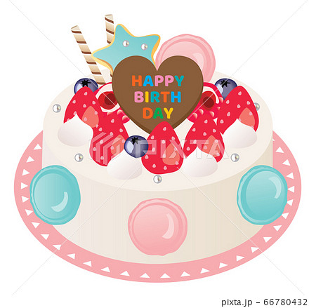 苺と生クリームとマカロンのお誕生日ケーキのイラスト素材