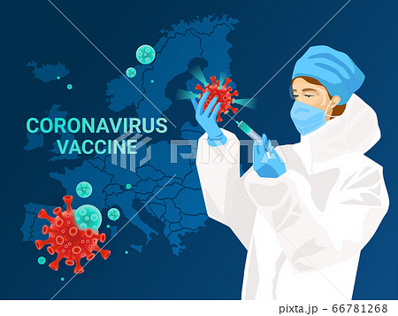 Coronavirus vaccine in action concept. Map of Europe on background. Vector illustration 66781268