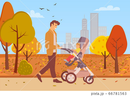 Father Walking With Kid In Buggy In Autumn Parkのイラスト素材