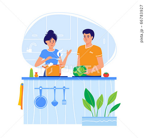 Young couple cooking in a kitchen in a flat design. The family prepares and tastes food. Vector Young couple cooking in a kitchen in a flat design. The family prepares and tastes food. Vector 66783927