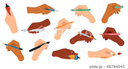 Writing tools in hand. Pen, pencil, stylus, felt-tip pen in arms, writing and drawing tools vector illustration icons set Writing tools in hand. Pen, pencil, stylus, felt-tip pen in arms, writing and drawing tools vector illustration icons set 66784045