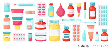 Pharmacy medications. Medicine drugs, pharmaceutical treatment, vitamins blister packs, medicine pills bottles vector illustration icons set Pharmacy medications. Medicine drugs, pharmaceutical treatment, vitamins blister packs, medicine pills bottles vector illustration icons set 66784072