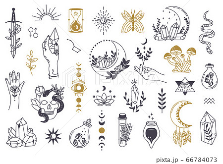 Witch magic symbols. Doodle esoteric, boho mystical hand drawn elements, magic witchcraft crystal, eyes, moon vector illustration icons set 66784073