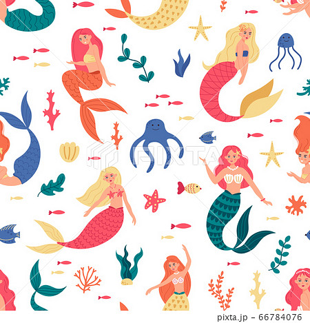 Mermaids marine pattern. Seamless cute mermaids, underwater fairy tale cartoon mermaid characters, undersea mermaid girls vector background 66784076