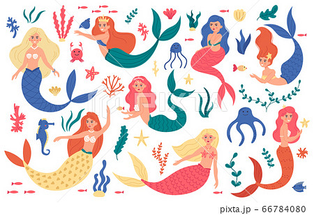 Cute mermaids. Princess mermaid characters, hand drawn magic fairy underwater, marine life, mermaid girls and sea elements vector illustration set 66784080