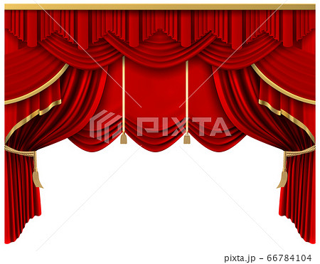 Retro red stage curtain. Realistic luxury silk curtains, theater scene interior drapery decoration, portiere drapes isolated vector illustration Retro red stage curtain. Realistic luxury silk curtains, theater scene interior drapery decoration, portiere drapes isolated vector illustration 66784104
