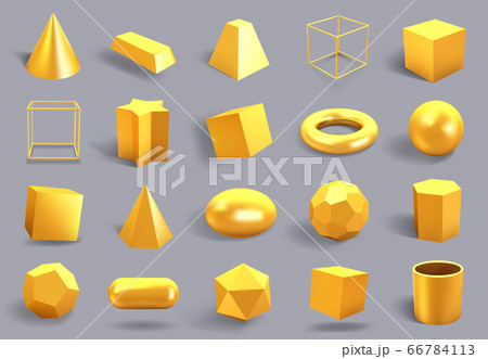 Realistic 3D gold shapes. Golden metal geometric shape, shiny yellow gradient cube, sphere and prism figures vector illustration icons set 66784113