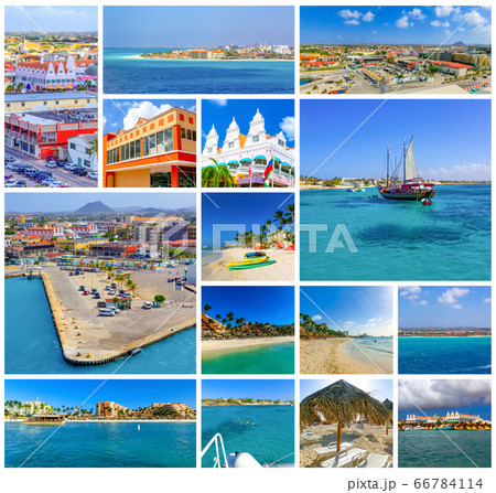 Collage about Aruba - Dutch province Oranjestad - beautiful Caribbean Island. 66784114