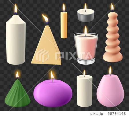 Realistic 3d candles. Holidays candlelight, romantic flaming wax candle, wedding or birthday candles vector illustration icons set 66784148