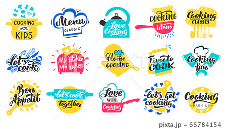 Cooking lettering labels. Kitchen food lettering hand drawn badge, cooking recipes and restaurant menu stamp vector isolated icons set Cooking lettering labels. Kitchen food lettering hand drawn badge, cooking recipes and restaurant menu stamp vector isolated icons set 66784154