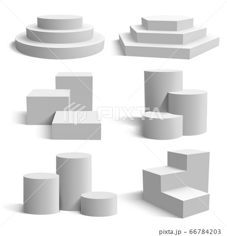 White 3d podium. Realistic pedestal cylinder and round stand stages, geometric 3d presentation platform vector illustration set White 3d podium. Realistic pedestal cylinder and round stand stages, geometric 3d presentation platform vector illustration set 66784203