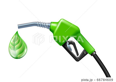 Drop like a green leaf dripping from Fuel handle pump nozzle with hose. 66784609