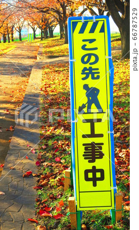 赤羽桜堤緑地の秋の風景と工事中の立て看板 赤羽桜堤緑地の秋の風景と工事中の立て看板 66787529