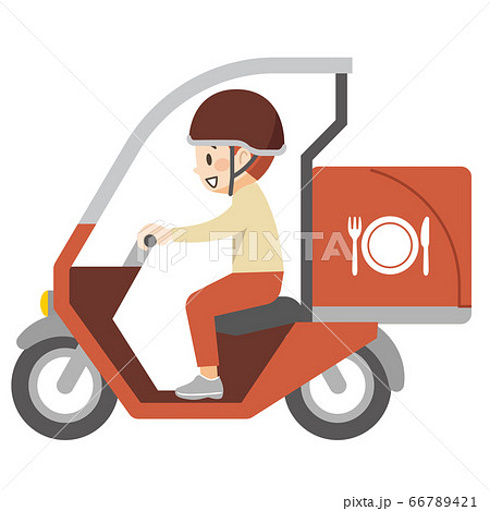 バイクに乗って料理を運ぶデリバリー配達員のイラスト素材