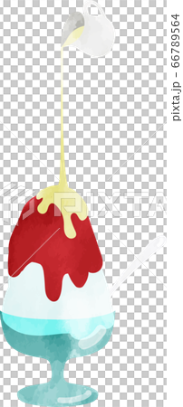 かき氷に練乳　コンデンスミルクをとろりとかけているイラスト　いちごミルク　水彩風 66789564
