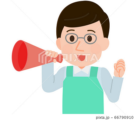 メガホンで声援を送る　エプロンの男性店員　イラスト 66790910