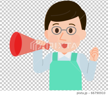 メガホンで声援を送る　エプロンの男性店員　イラスト 66790910