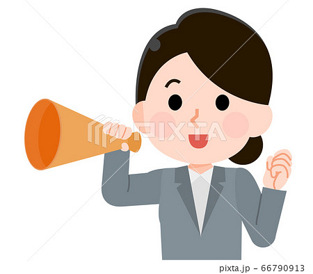メガホンで声援を送る スーツの女性会社員 イラストのイラスト素材