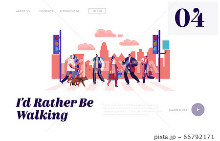 Pedestrians People Walking on City Street Website Landing Page, Men and Women Characters Hurry on Urban Background with Traffic 66792171