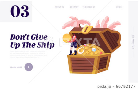 Pirate Adventure Story Website Landing Page. Young Man Wearing Old Fashioned Dressing Hold Gold Coin in Hands Standing on Wooden Chest with Treasures Web Page Banner. Cartoon Flat Vector Illustration 66792177