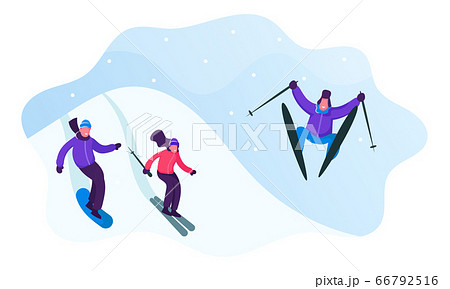 Winter Sports Activity and Spare Time. Young Men and Women Skiing and Snowboarding in Mountains Resort. People Riding Downhills Having Wintertime Fun and Leisure Time. Cartoon Flat Vector Illustration 66792516