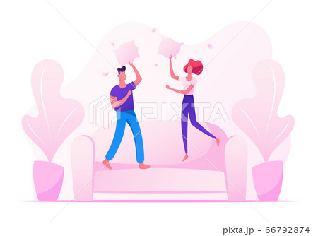 People Fooling, Having Fun at Home, Male and Female Characters Jumping on Sofa Fighting with Pillows, Couple in Love, Friends People Fooling, Having Fun at Home, Male and Female Characters Jumping on Sofa Fighting with Pillows, Couple in Love, Friends 66792874
