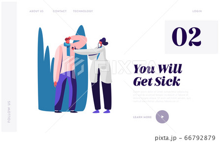 Illness Website Landing Page. Ill Man with Iced Heater on Head Having Cold Virus. Doctor Listen Heart Beating Measuring Temperature with Thermometer Web Page Banner. Cartoon Flat Vector Illustration 66792879