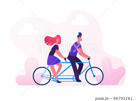 Man and Woman Driving Tandem Bicycle in City Park. Young Loving Couple Summer Romantic Voyage. Vacation Sparetime, Leisure, Love Relations. Characters Cycling on Bike. Cartoon Flat Vector Illustration 66793261