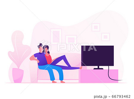 Young Loving Couple Watching TV at Home. Male and Female Characters Sitting on Couch Together Spending Time in Weekend Evening. Love, Leisure, Day Off Sparetime. Cartoon Flat Vector Illustration 66793462