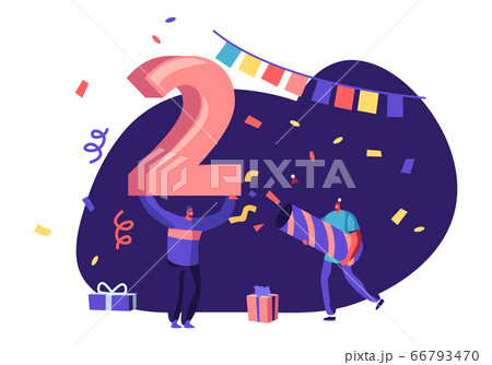 2020 Office or Home Party Celebration Concept. Joyful Characters in Funny Hats Celebrating New Year. Man Holding Huge Number Two above Head, Friend Shoot with Flapper Cartoon Flat Vector Illustration 2020 Office or Home Party Celebration Concept. Joyful Characters in Funny Hats Celebrating New Year. Man Holding Huge Number Two above Head, Friend Shoot with Flapper Cartoon Flat Vector Illustration 66793470