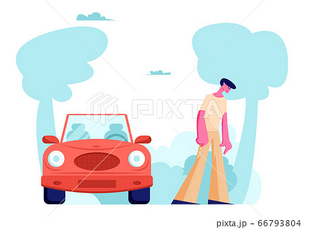 Upset Driver Male Character Stand at Car after Accident or Breakdown. Man on Roadside at Crashed Automobile. Intruder Upset Driver Male Character Stand at Car after Accident or Breakdown. Man on Roadside at Crashed Automobile. Intruder 66793804