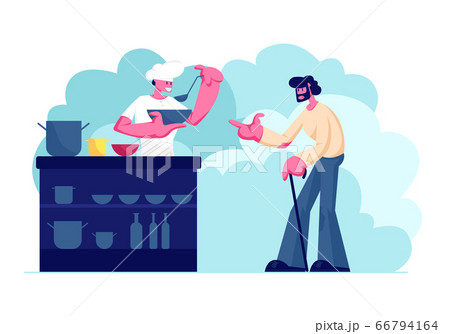 Volunteer Serving Food to Homeless People. Young Man Wearing Chief Uniform Pouring Warm Food to Plate for Beggar Man Standing at Desk. Night Shelter Emergency Housing. Cartoon Flat Vector Illustration Volunteer Serving Food to Homeless People. Young Man Wearing Chief Uniform Pouring Warm Food to Plate for Beggar Man Standing at Desk. Night Shelter Emergency Housing. Cartoon Flat Vector Illustration 66794164