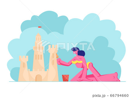 Young Woman in Bikini Having Fun on Sandy Beach Building Sand Castle at Tropical Island Seaside Female Character Playing on Resort 66794660