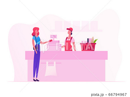 Female Customer Character with Goods in Shopping Basket Stand in Supermarket or Grocery Queue at Cashier Desk with Seller Paying 66794967