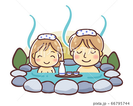 温泉に入る男女 カップル 夫婦 のデフォルメイラスト 露天風呂 のイラスト素材