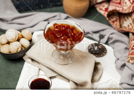 Confiture and butter cookies on the white tablecloth 66797276
