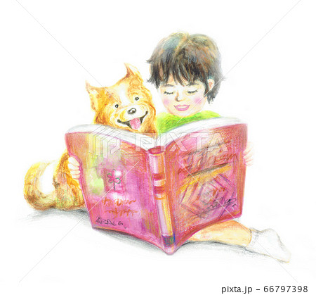 本を読む子供と犬 66797398
