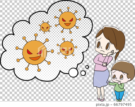 ウイルスに不安がる親子のイラスト素材 ウイルスに不安がる親子のイラスト素材