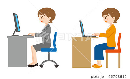 机でpc作業をする女性イラストセット 白背景のイラスト素材
