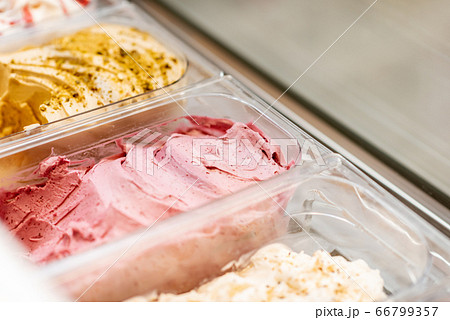 Ice cream with different flavors in a shop 66799357