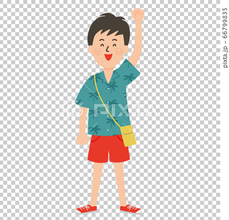 手を上げるアロハシャツの男の子のイラスト素材