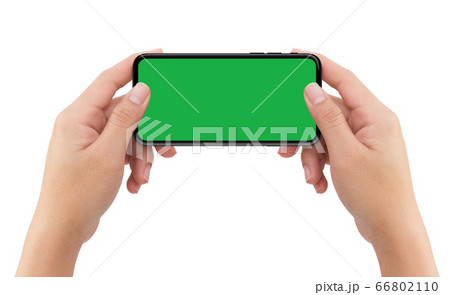 Isolated human two hands holding white mobile smart phone device mockup with green screen 66802110