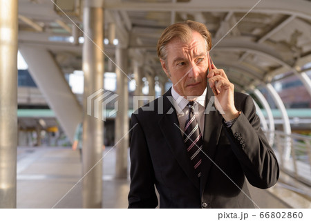 Mature handsome businessman in suit talking on the phone at footbridge in the city 66802860
