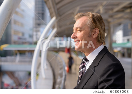 Profile view of happy mature handsome businessman looking at view of the city 66803008