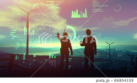 Engineers are watching over the work of wind farms and virtual infographic data. Engineers are watching over the work of wind farms and virtual infographic data. 66804339