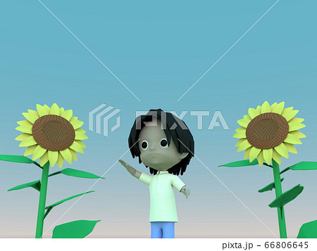 夏景色 子供とひまわりの背比べのイラスト素材