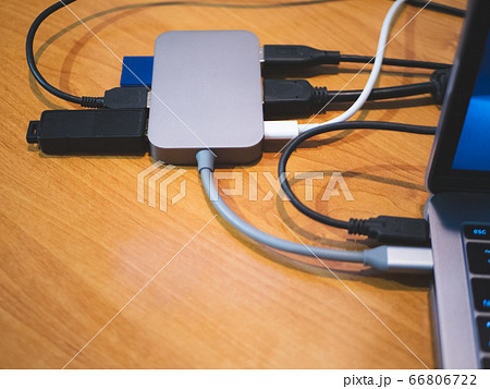 usb type-c hub connected to laptop with lot of usb type-c hub connected to laptop with lot of 66806722