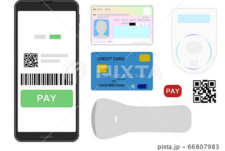 スマホ決済アプリやクレジットカードでの支払いのキャッシュレスのイメージイラストセットのイラスト素材